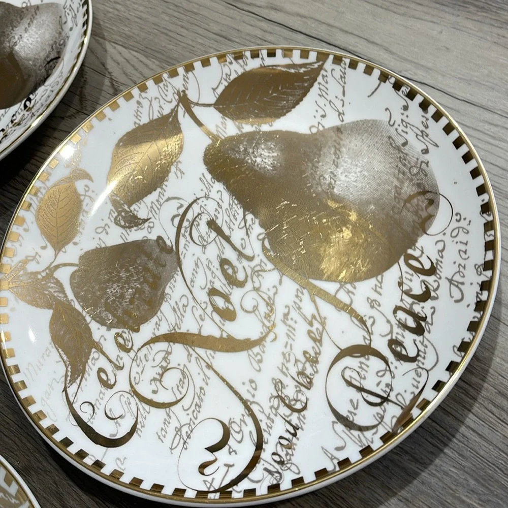 Restoration Hardware Christmas 8”Plates Holiday Gold Pear Noel Peace Set